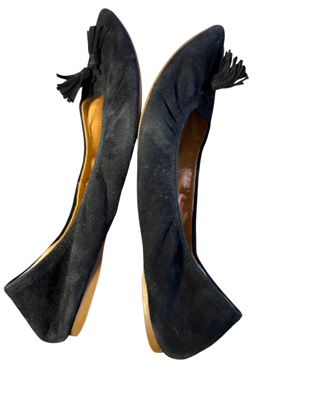Women's Black Suede Pointed Toe Tassel Ballet Flats - Picture 13 of 16